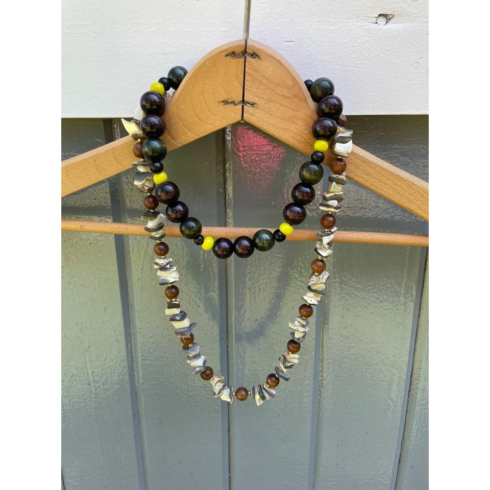 Set of 2 Vintage Beaded Necklaces Wood Shell Shell Chips Yellow Brown Green